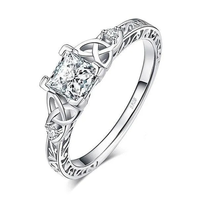 Classic and Fashionable Silver-Plated Celtic Knot Princess Geometric Cubic Diamond Ring Bridal Engagement Wedding Ring Size 5-11 - WORLD TIME VISITS