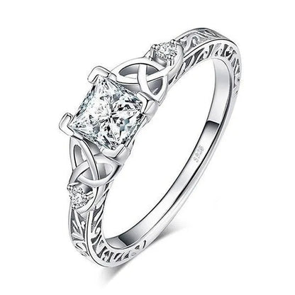 Classic and Fashionable Silver-Plated Celtic Knot Princess Geometric Cubic Diamond Ring Bridal Engagement Wedding Ring Size 5-11 - WORLD TIME VISITS