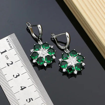 Flower Shaped 925 Silver Jewelry Green Emerald White Crystal Jewelry Sets Women Earrings/Pendant/Necklace/Rings/Bracelet