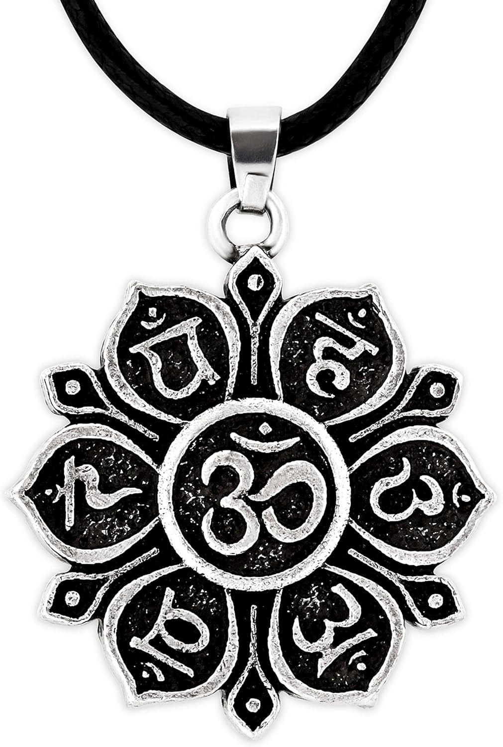 Mandala Flower of Life Necklace, Buddhist Lotus Flower Om Mandala Pendant, Faux Leather Cord