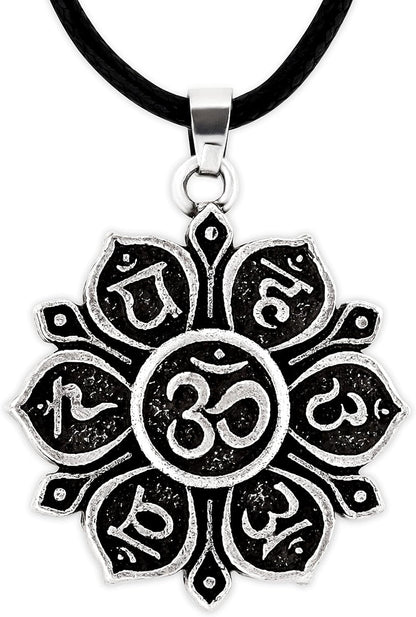 Mandala Flower of Life Necklace, Buddhist Lotus Flower Om Mandala Pendant, Faux Leather Cord