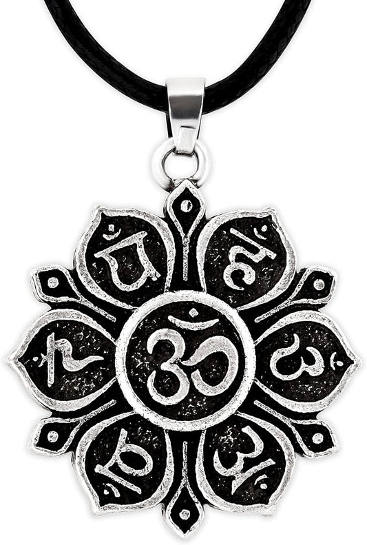 Mandala Flower of Life Necklace, Buddhist Lotus Flower Om Mandala Pendant, Faux Leather Cord