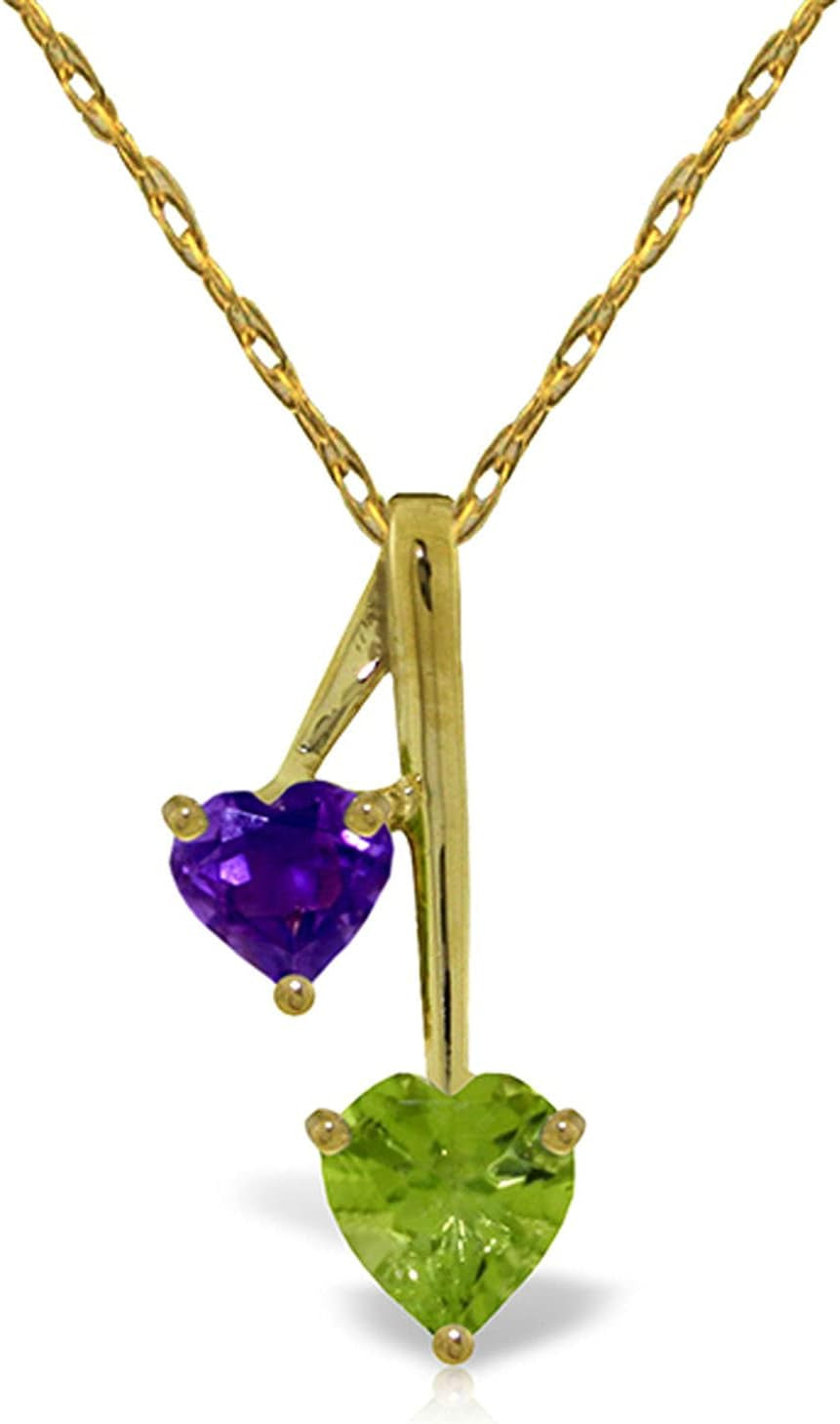14K Solid Gold 18" Necklace with Peridot & Amethyst Hearts