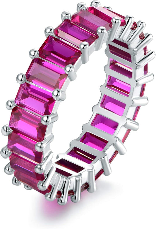 Emerald Cut Created Gemstone Eternity Ring, 18K White Gold Plated, 4 Grams, for Women - WORLD TIME VISITS