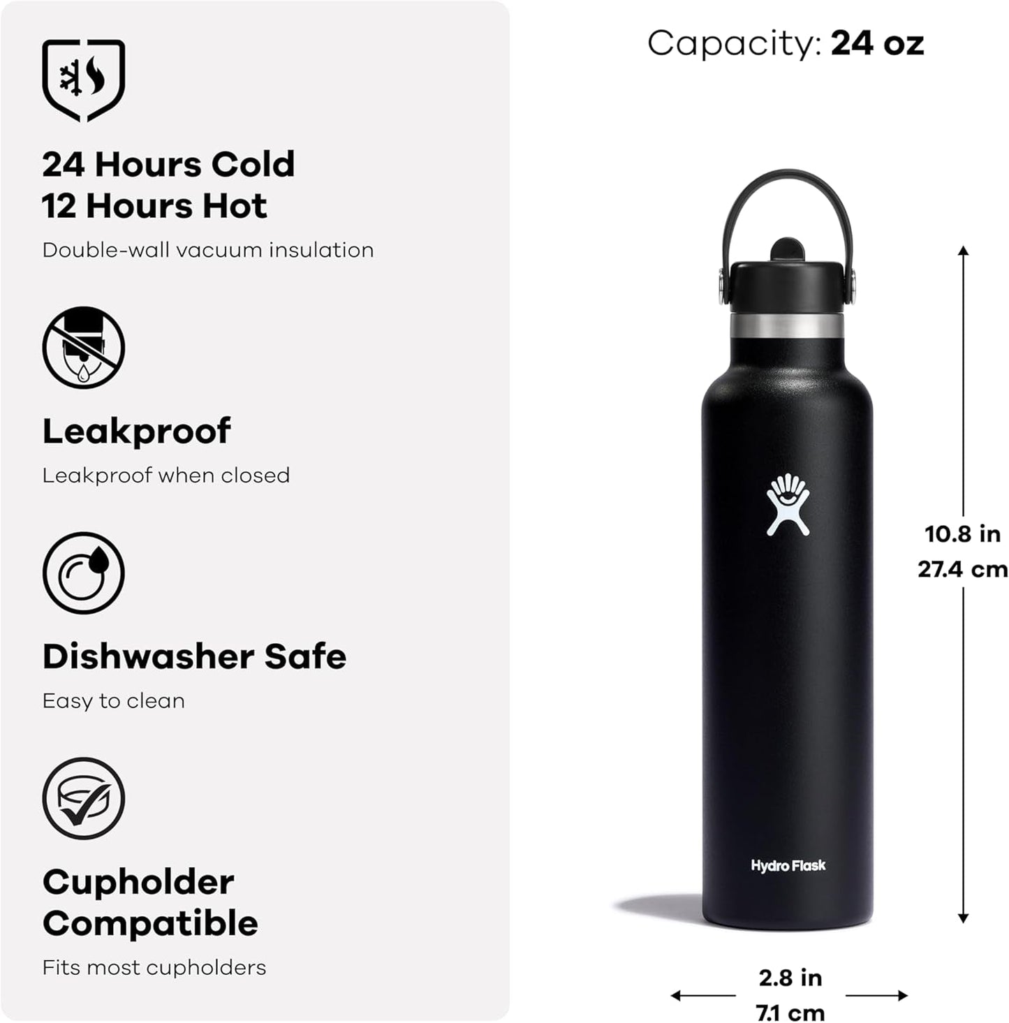 24 Oz Stainless Steel Standard Mouth Water Bottle with Flex Straw Cap and Double-Wall Vacuum Insulation