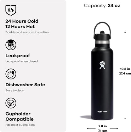 24 Oz Stainless Steel Standard Mouth Water Bottle with Flex Straw Cap and Double-Wall Vacuum Insulation
