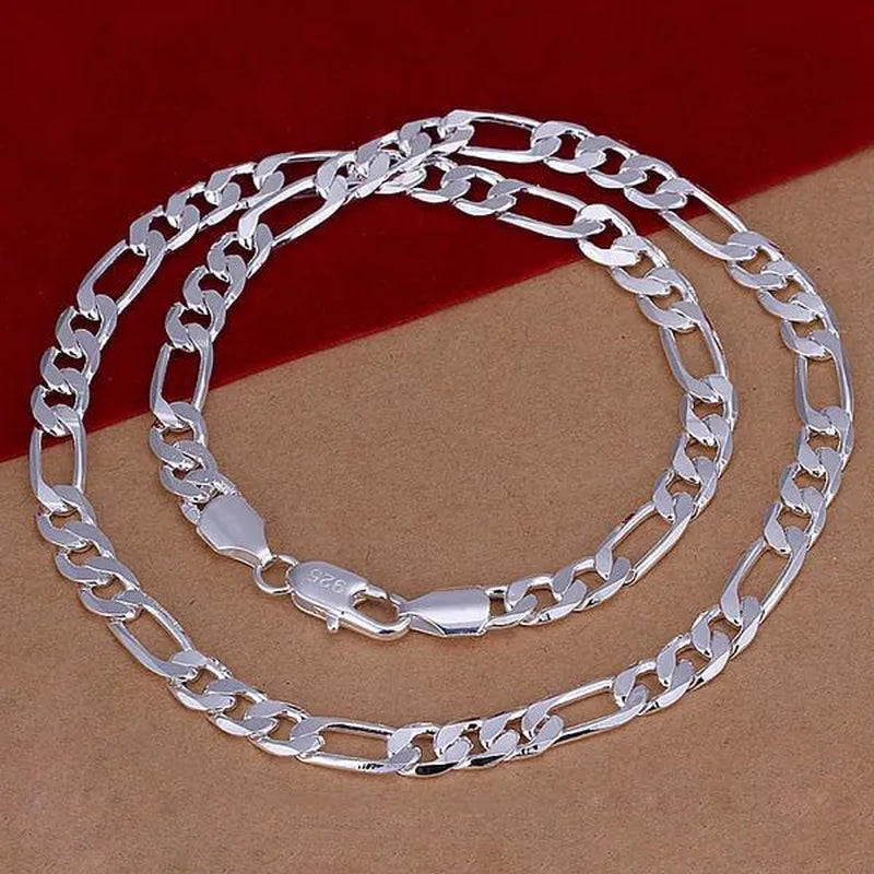 2Pcs/Set(Bracelet+Necklace) Charm Men Women Figaro Curb Link Chain Bracelet Necklace Fashion 925 Sterling Silver Exquisite Jewelry Gifts
