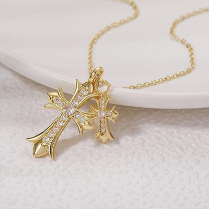 Cross Necklace 14K Gold Plated/Sterling Silver Double Cross Pendant Cz,Cubic Zirconia Cross Necklaces for Women Men Jewelry Birthday Gifts