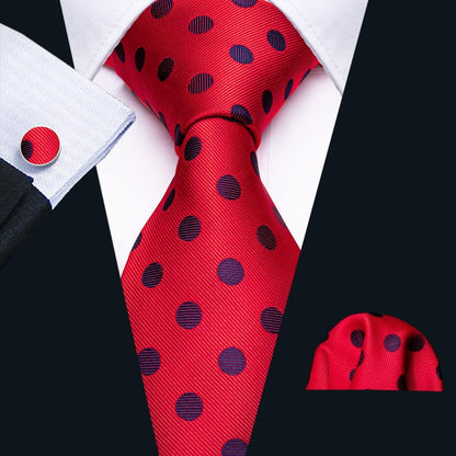 Men'S Tie Set Polka Dot Handkerchief Cufflinks Plaid Fashion Neckties Wedding Business