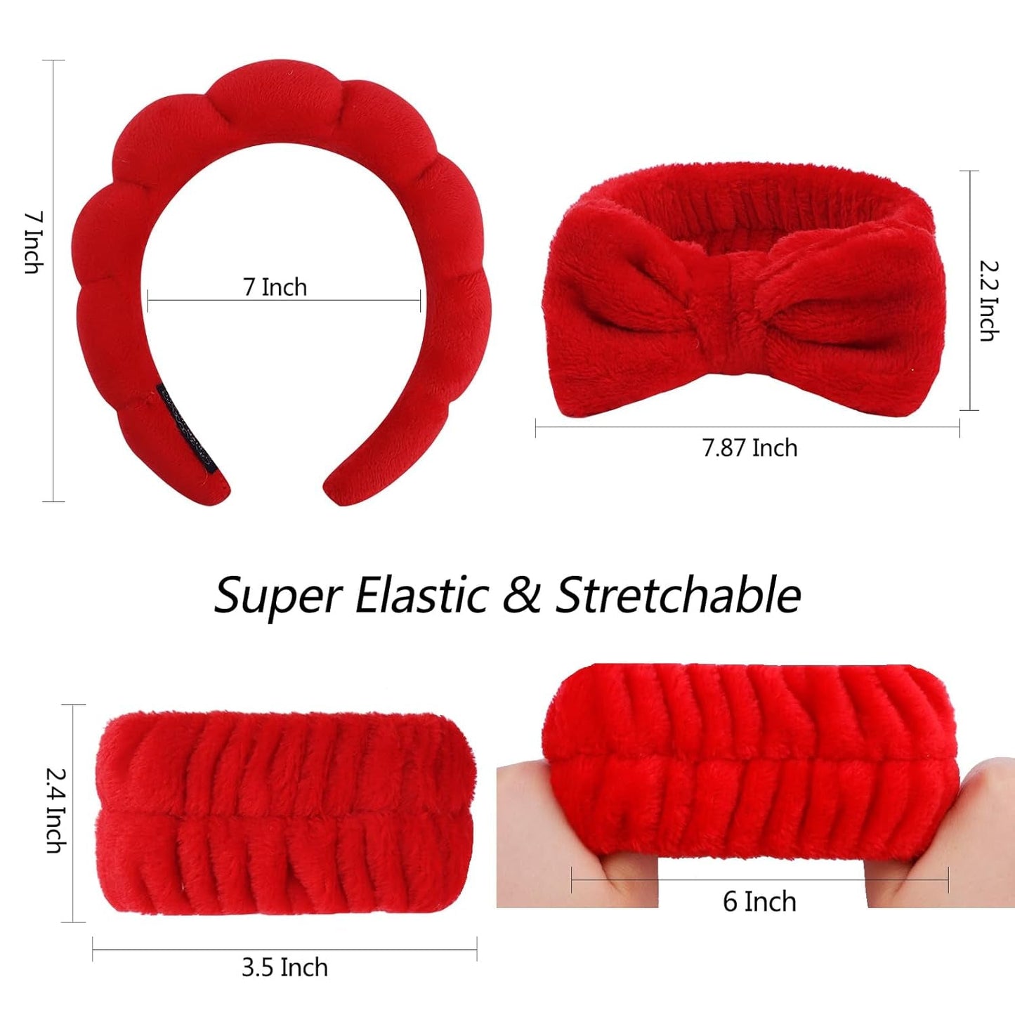 6 Pack Hairband, Makeup Headband, Face Wash Headband, Skincare Headbands, Red Microfiber Hair Band with Bow Tie Spa Headband for Washing Face Wristband Set Hair Accessories for Women