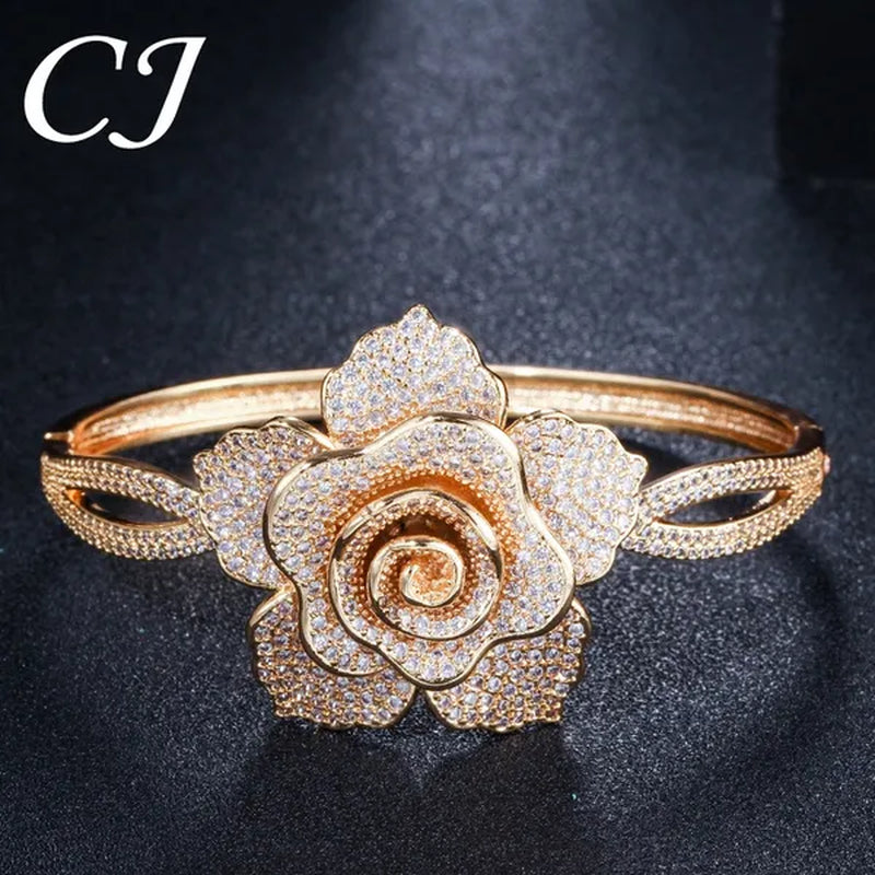 CANDICE Exquisite Open Cuff Style Paving Cubic Zirconia White Gold Plating Women Large Flower Bangle Bracelets Jewelry for Evening Party Wedding