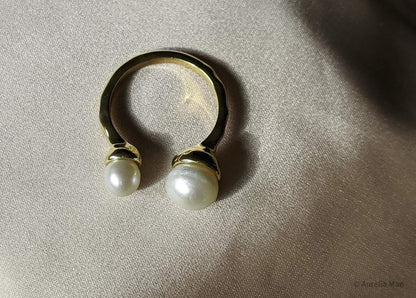 18K Gold Plated Freshwater Cultured Pearl Ring Gold Knuckle Rings Two Pearls Open Midi Ring Open Cuff Wrap Band