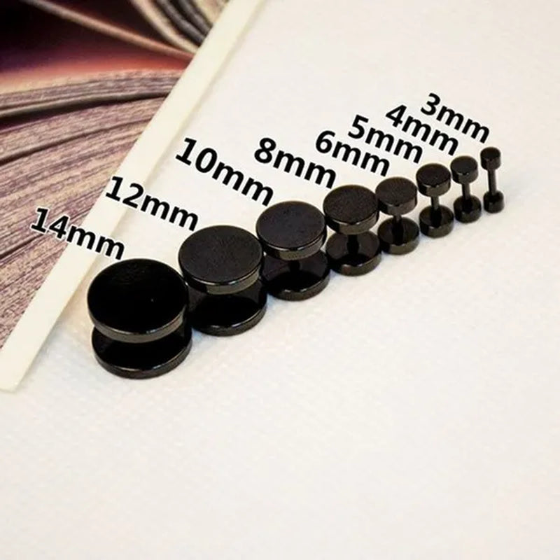 Punk Style Black Silver Stud Earrings Unisex Man Woman Earrings round Barbell Ear Stud Fashion Ear Piercing Jewelry Fake Plug 1 Pair