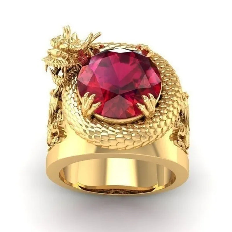 Latest Luxury Jewelry Design Domineering 3D Dragon Gold Ring for Men Luxury Hip Hop Punk Style Ruby Gemstone Jewelry Anniversary Birthday Gift Wedding Engagement Banquet Party Ring Size 7-13