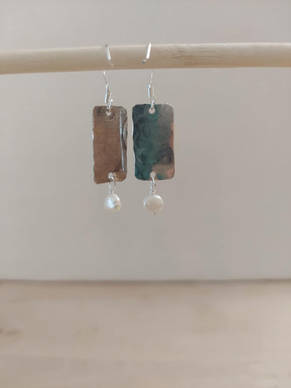 Handmade Lightweight Sapphire Blue and White Pearl Rectangle Drop Womens Earrings