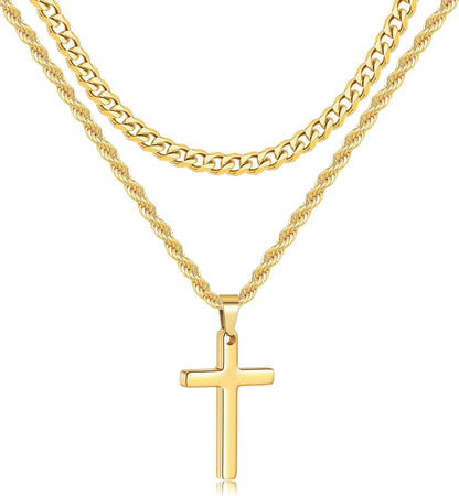 Valentines Gifts for Him - 2 Pcs Cross Necklace Chain for Men and Women, Layered Mens Cross Necklaces Stainless Steel Pendant Cuban Link Rope Chain 16-26 Inch, Jewelry Gift