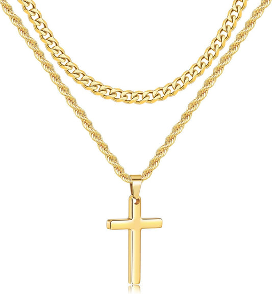 Valentines Gifts for Him - 2 Pcs Cross Necklace Chain for Men and Women, Layered Mens Cross Necklaces Stainless Steel Pendant Cuban Link Rope Chain 16-26 Inch, Jewelry Gift