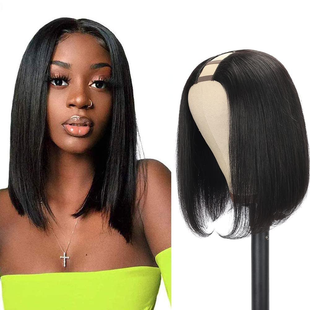 Hair 8Inch U Part Bob Wig Human Hair Short Straight U Part Human Hair Wig Glueless Full Head Clip in Half Wig U Shape Wig 150% Density Bob Straight Human Hair Wig