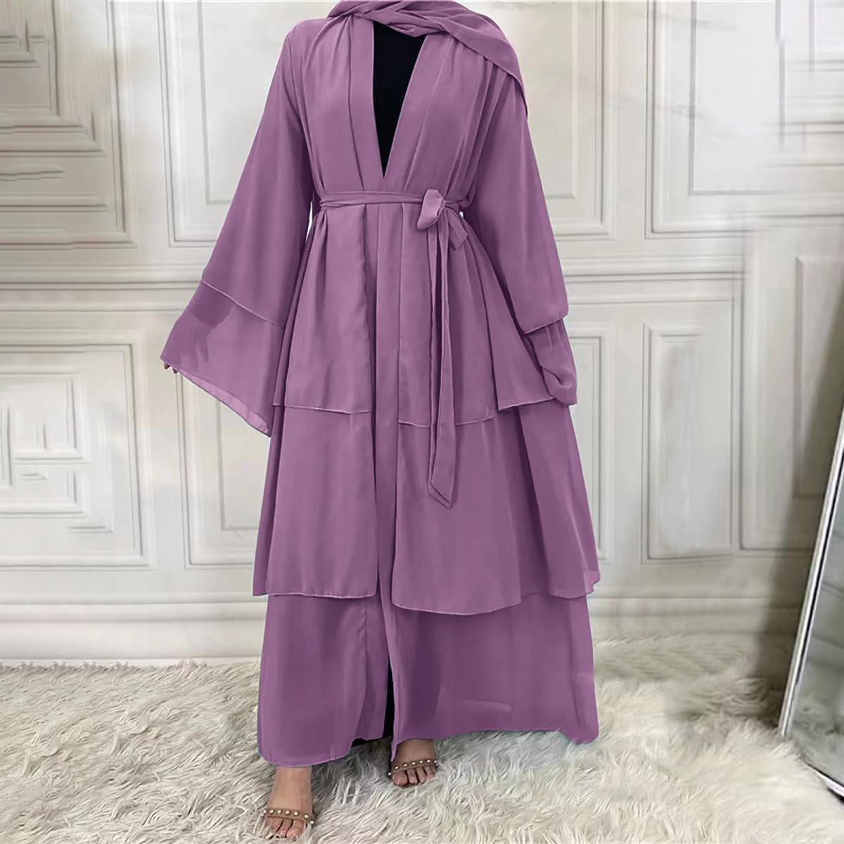 Muslim Chiffon Abaya for Women Open Front Cardigan Modest Dress with Hijab Scarf Middle East Arabian Robe Islamic Long Dress