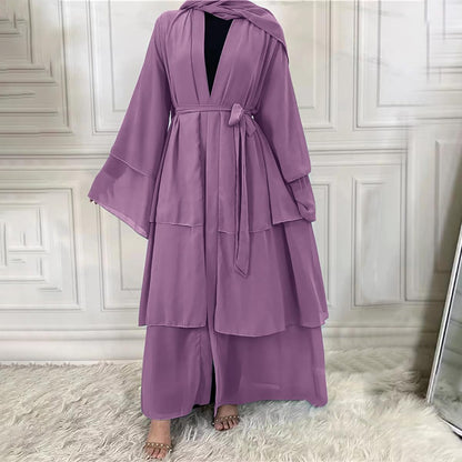Muslim Chiffon Abaya for Women Open Front Cardigan Modest Dress with Hijab Scarf Middle East Arabian Robe Islamic Long Dress