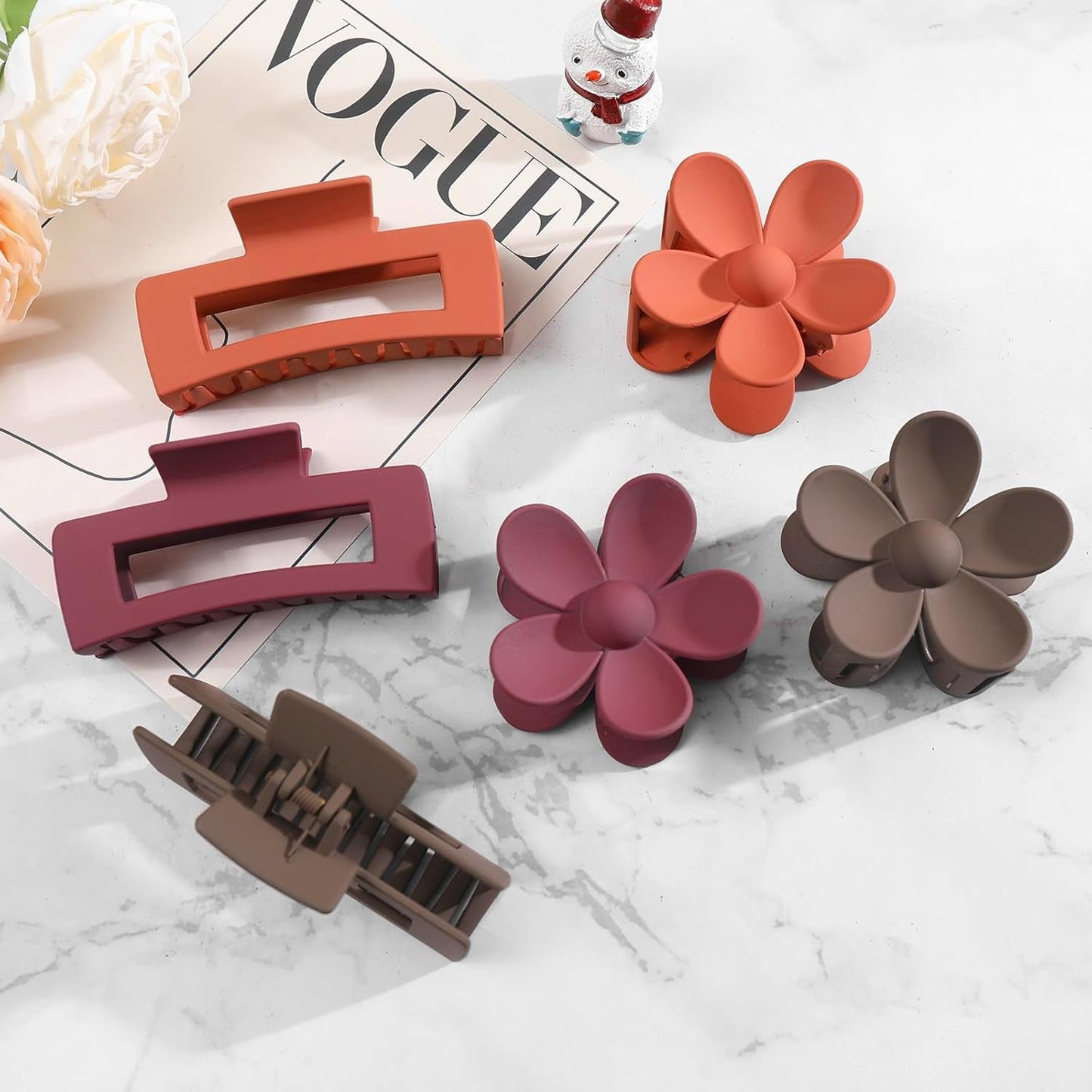 6 Pack 4.1 Inche Large Rectangle Hair Claw Clips Matte Flower Hair Clips, for Women Thin Thick Curly Hair, Cute Orange，Wine Red，Brown Hair Clips
