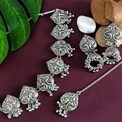Boho Vintage Antique Ethnic Gypsy Tribal Indian Silver Oxidized Pendant Chain Statement Necklace Jewelry - WORLD TIME VISITS