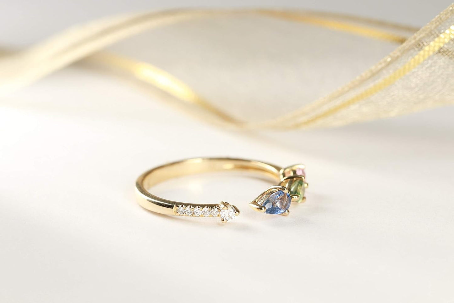 Gin and Grace 14K Yellow Gold Genuine Multi Sapphire Ring with Diamonds for Women | Ethically, Authentically & Organically Sourced (Pear-Cut) Shaped Sapphire Hand-Crafted Jewelry for Her | Sapphire Ring for Women