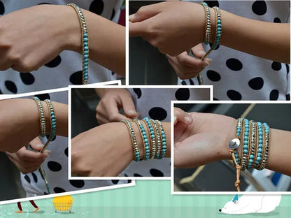 Vintage Boho Handmade Turquoise Charm Natural Stone Beads Bracelets Adjustable Wrap Leather Bracelet Jewelry