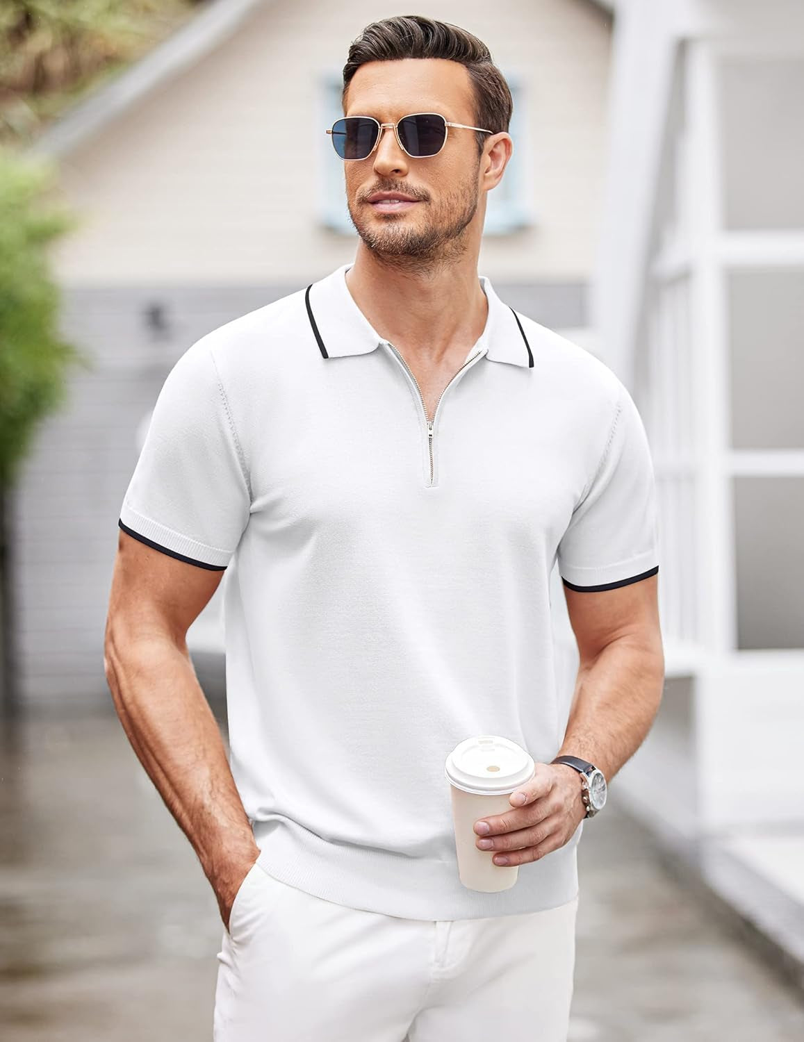 Men'S Zipper Polo Shirt Casual Knit Short Sleeve Polo T Shirt Classic Fit Shirts