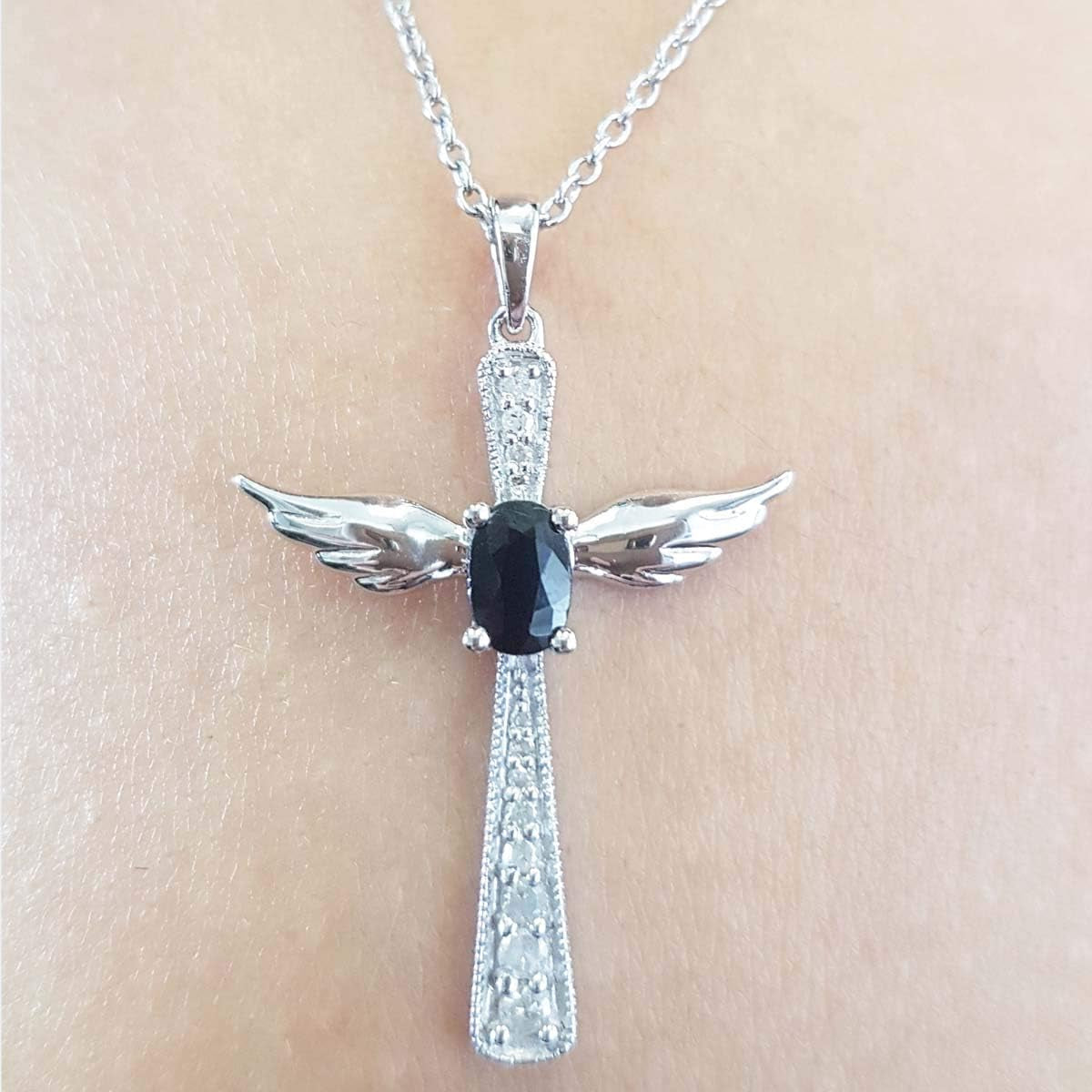 6X4 MM Oval Gemstone & round Diamond Angel Cross Pendant (Silver Chain Included), Sterling Silver