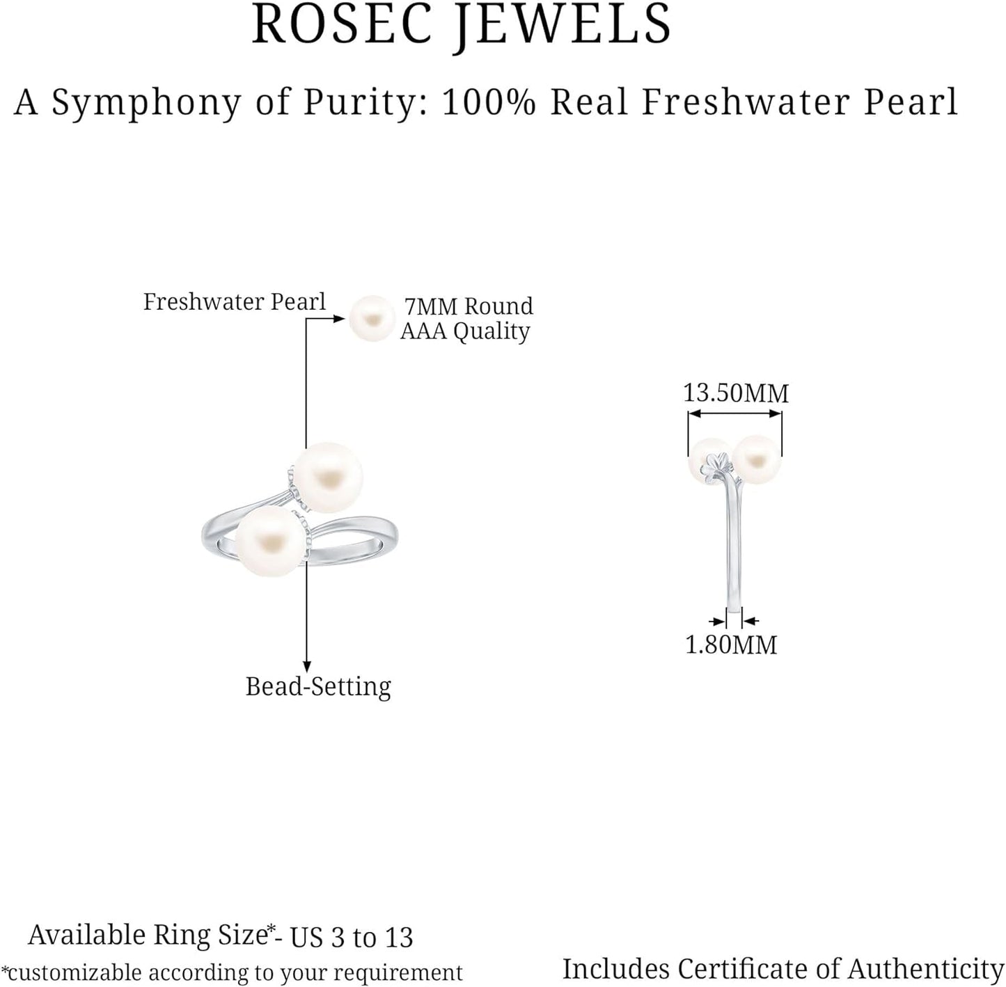 Real Freshwater Pearl Toi Et Moi Wrap Style Cocktail Ring, 7 MM, AAA Quality, June Birthstone Jewelry for Women