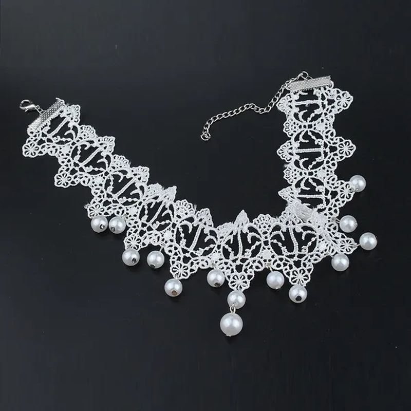 White Lace Necklace Chokers Black Collares Vintage Style Female Gothic Wedding Red Rose Crystal Diamond Pendant Collarbone Necklaces Chain Accessories for Women Girls