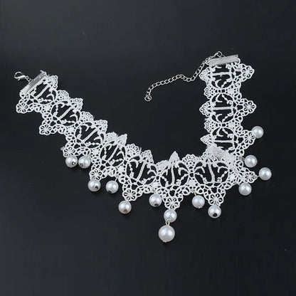 White Lace Necklace Chokers Black Collares Vintage Style Female Gothic Wedding Red Rose Crystal Diamond Pendant Collarbone Necklaces Chain Accessories for Women Girls