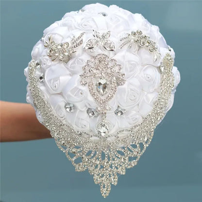 Creative Design Shiny Rhinestone Tassel Bridal Bouquet Artificial White Silk Rose Wedding Flower Bouquet Crystal Brooch Ribbon Bridesmaid Bouquet 3 Size Optional
