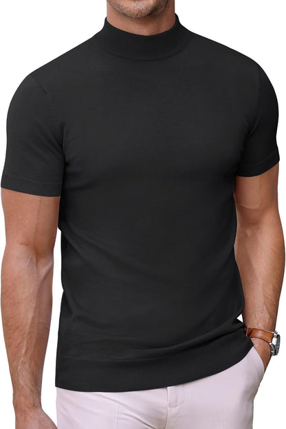 Mens Mock Turtleneck Sweater Short Sleeve Casual Dress Sweater Slim Fit Pullover Basic Knit Tee - WORLD TIME VISITS