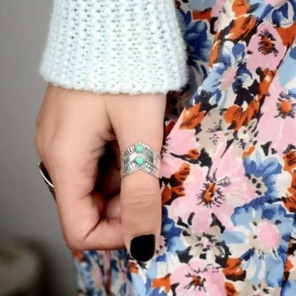 Antique 925 Sterling Silver Turquoise Ring for Women Boho Bohemian Blue Stone Thumb Chevron