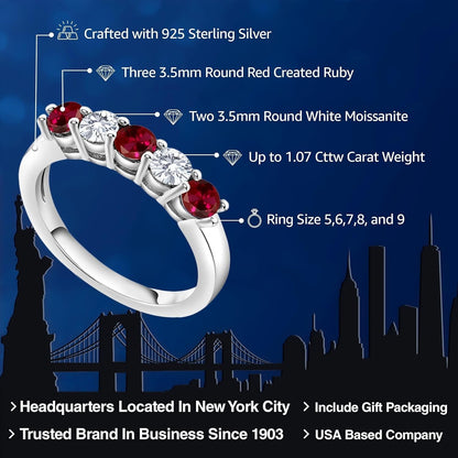 925 Sterling Silver Red Created Ruby and White Moissanite 5-Stone Wedding Anniversary Band Ring for Women (1.07 Cttw, Gemstone July Birthstone, Available in Size 5, 6, 7, 8, 9)