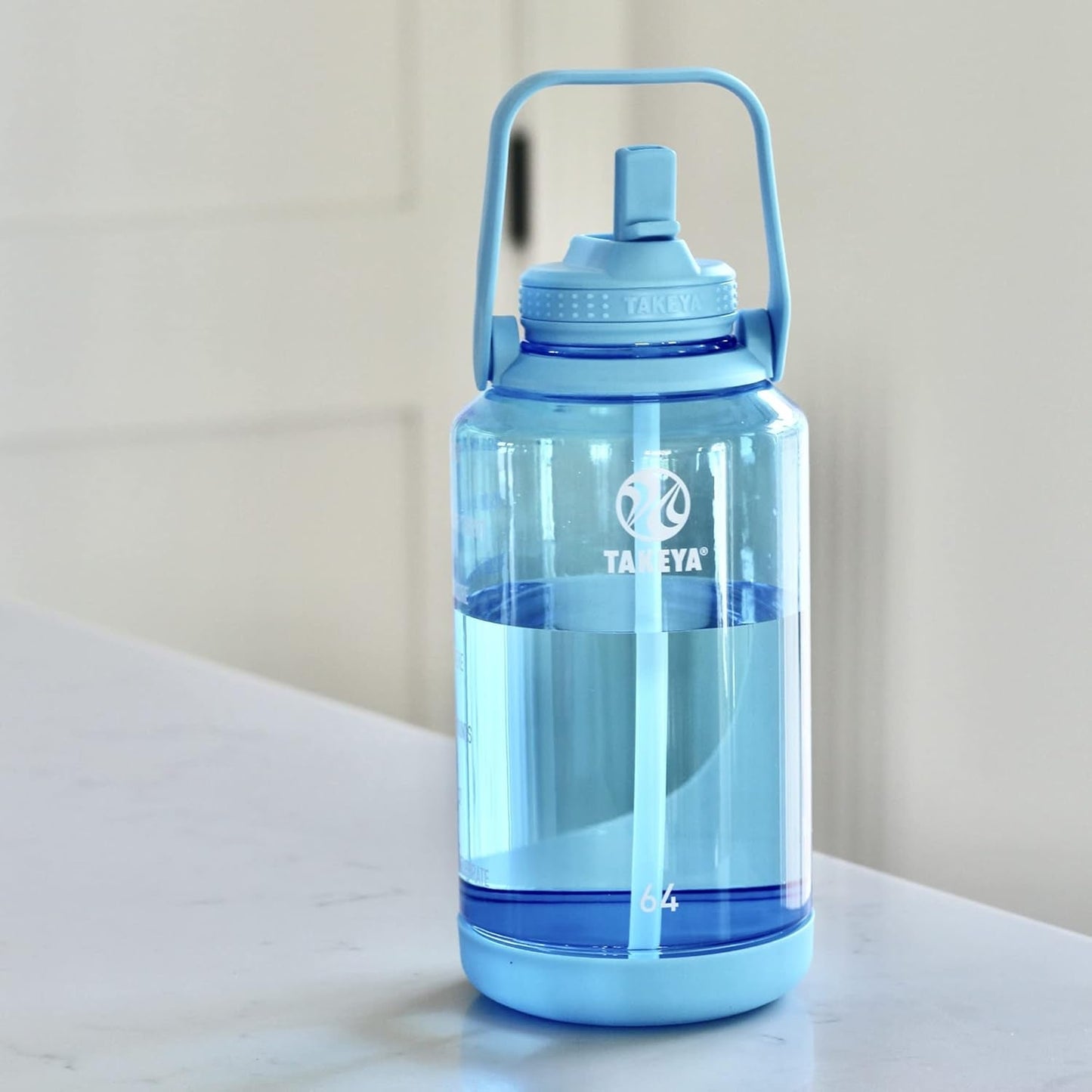 64 Oz Motivational Water Bottle with Straw Lid with Time Marker, Half Gallon, Premium Quality BPA Free Tritan Plastic, Breezy Blue