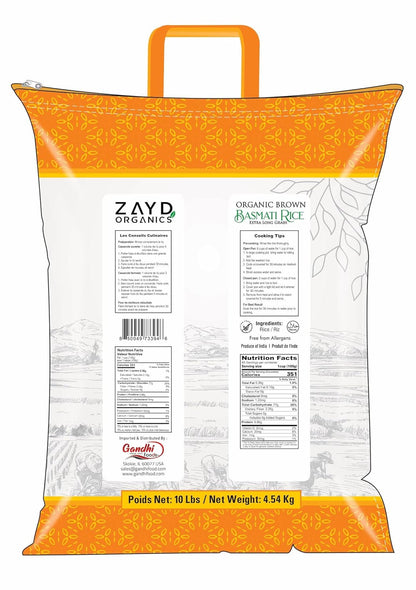 Zayd Organic Brown Basmati Rice, Indian Traditional Extra Long Basmati Rice, Vegan, Fresh, USDA Organic, 10Lbs