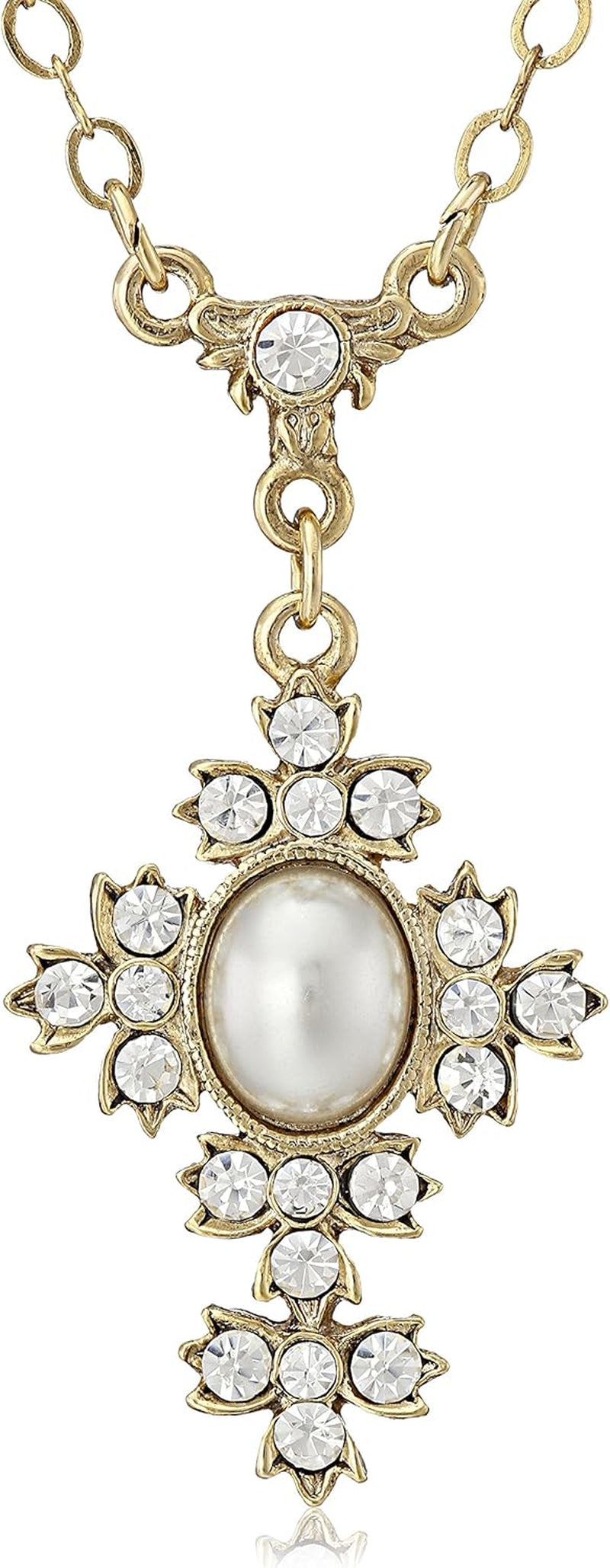 14K Gold-Dipped Simulated Oval Pearl Crystal Cross Pendant Necklace, 16" + 3" Extender