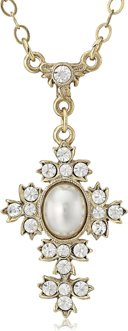 14K Gold-Dipped Simulated Oval Pearl Crystal Cross Pendant Necklace, 16" + 3" Extender