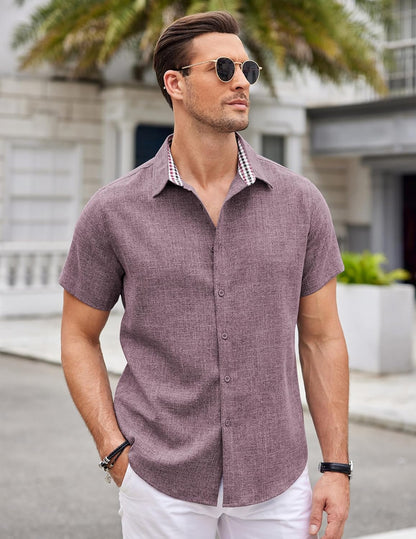Mens Linen Shirt Short Sleeve Button down Shirts Casual Plaid Collar Summer Beach Shirts