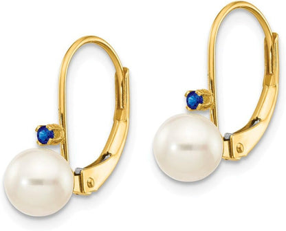 14K Yellow Gold 5-5.5Mm White round FW Cultured Pearl Sapphire Leverback Earrings
