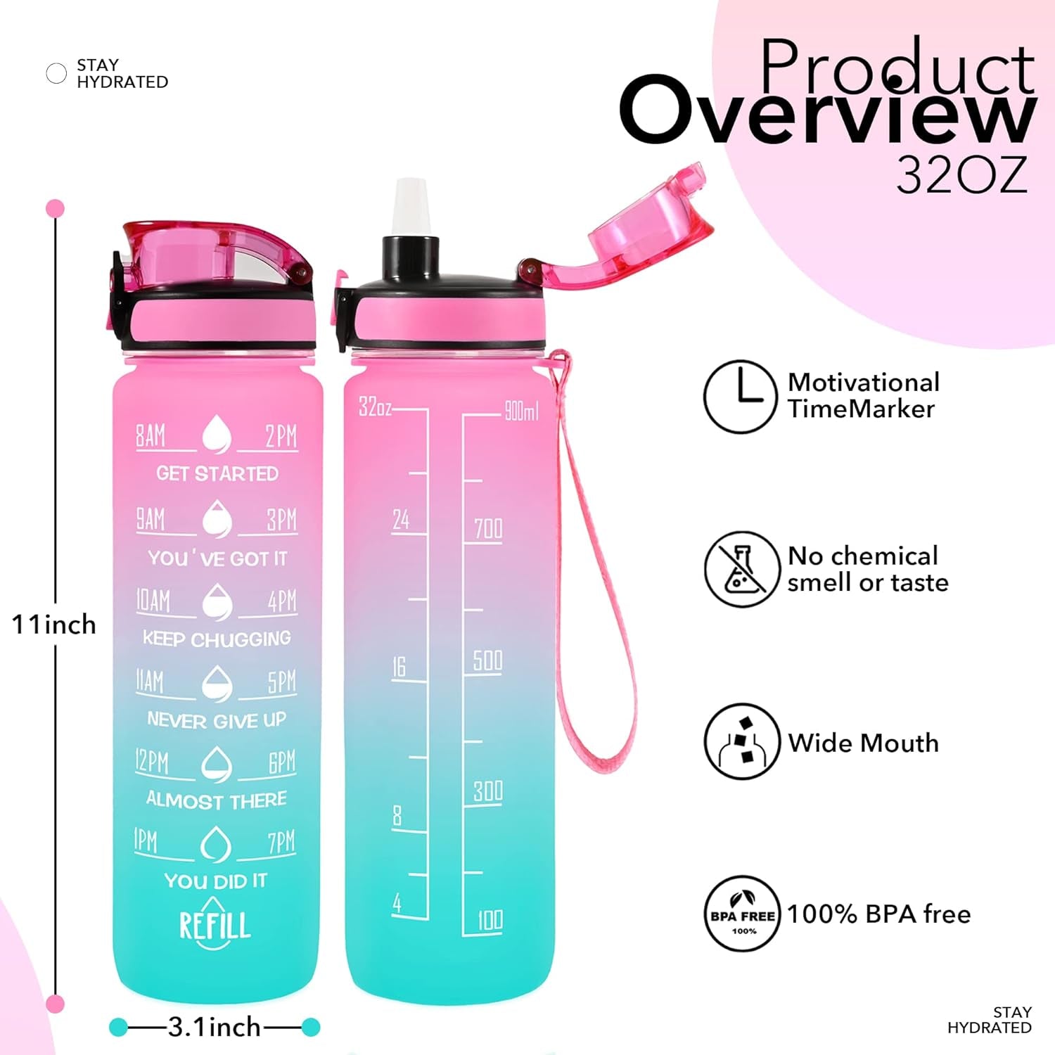 32 Oz Water Bottles with Straw & Strap, Motivational Water Bottles with Times to Drink, BPA Free Reusable Sports Water Bottle with Sleeve Carrier for Hiking, Travel, Running or Fitness - WORLD TIME VISITS