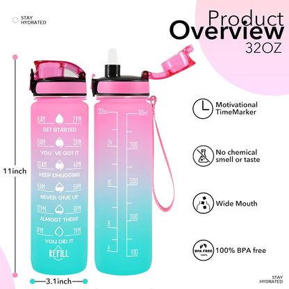 32 Oz Water Bottles with Straw & Strap, Motivational Water Bottles with Times to Drink, BPA Free Reusable Sports Water Bottle with Sleeve Carrier for Hiking, Travel, Running or Fitness - WORLD TIME VISITS