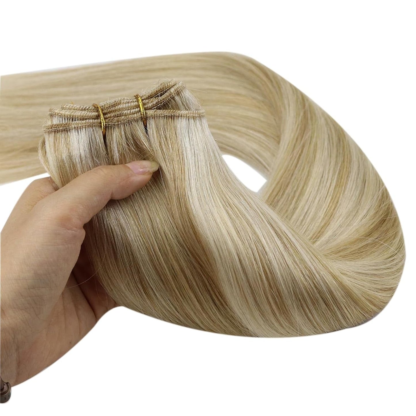 20 Inch Blonde Hair Extensions Real Human Hair Weft Extensions Color Dirty Blonde Mix Platinum Blonde Weft Hair Extensions Human Hair Sew in Hair Extensions Silky Soft Hair Weft 105G