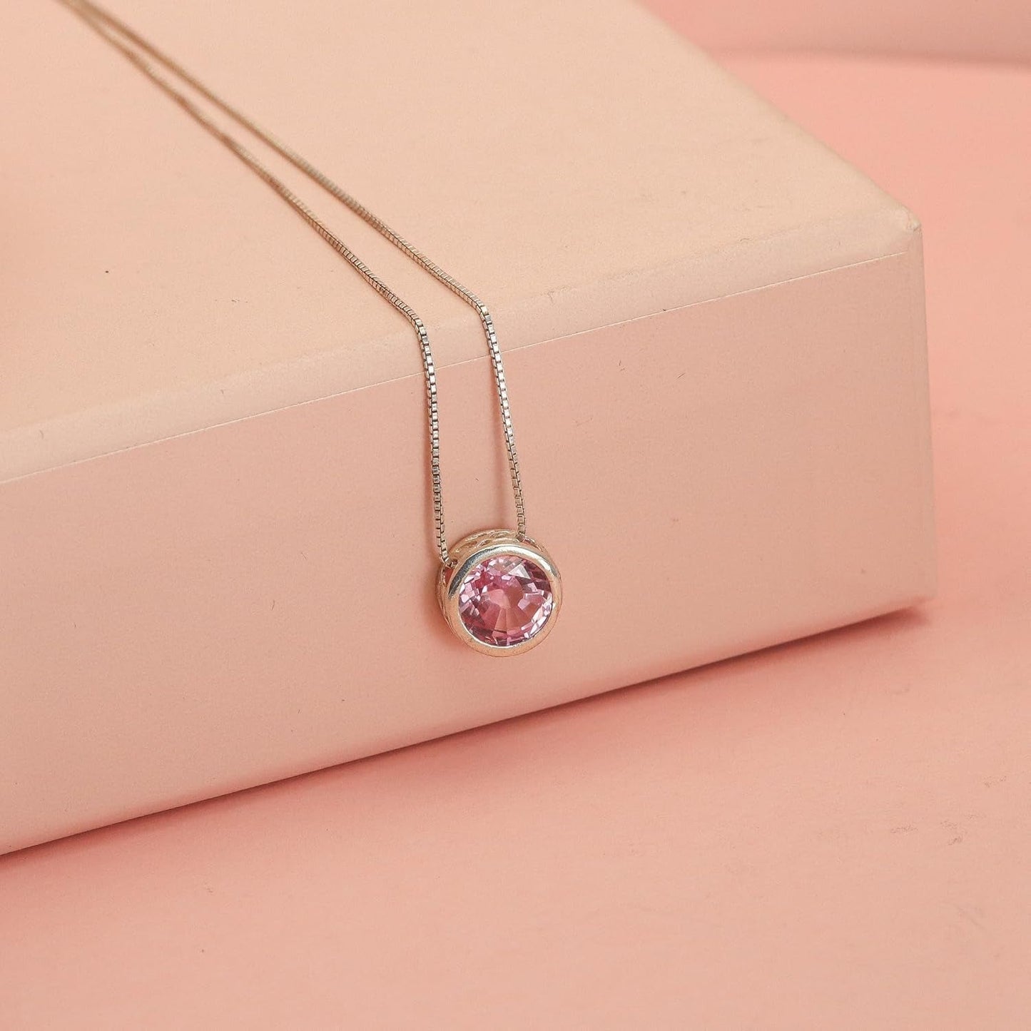 Silver Pink Sapphire Necklace, Slider Solitaire Gemstone Pendant with 16" Box Chain; Pink Sapphire Birthstone Pendant Gemstone for Women by Lotus Stone Design (16, Pink Sapphire)