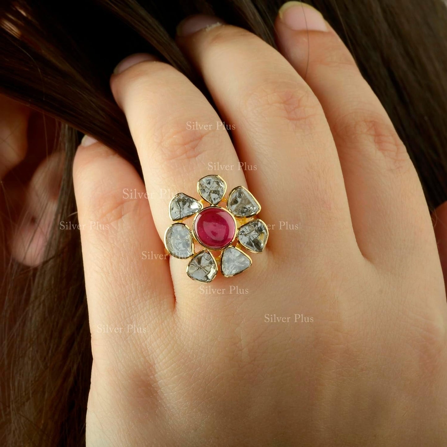 Solid 18K Yellow Gold Genuine Cabochon Ruby and Diamond Polki Ring Traditional Jewelry