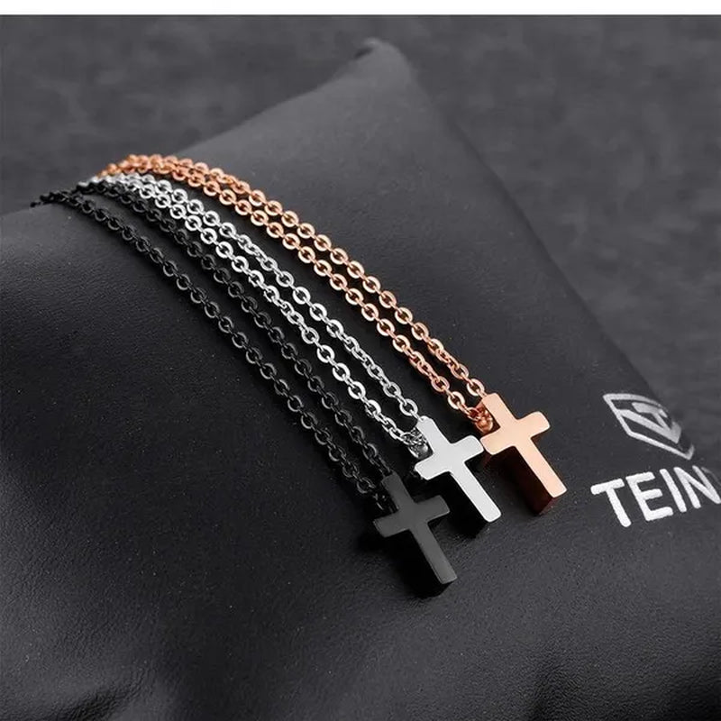 Simple Style Titanium Steel Silver / Black / Rose Gold Exquisite Tiny Cross Pendant Choker Necklaces New Elegant Charm Clavicle Chain Necklace for Women Girl Jewelry 45Cm Chain