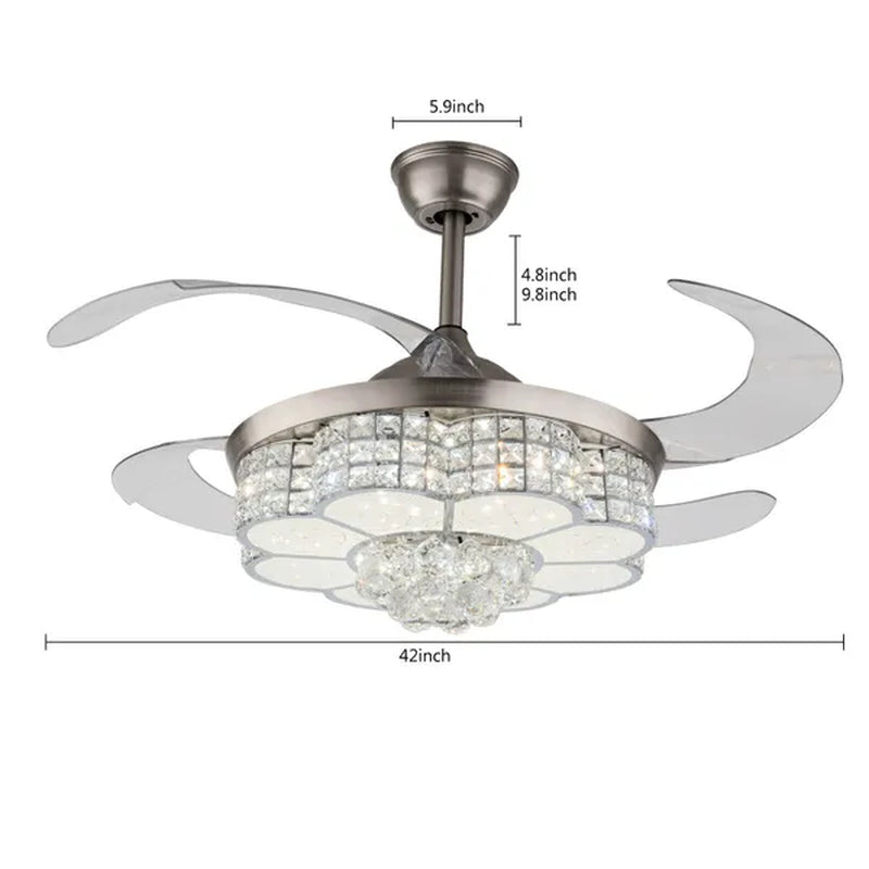 Remote 42" Silver Remote Invisible Ceiling Fan Lamp LED Chandelier Light